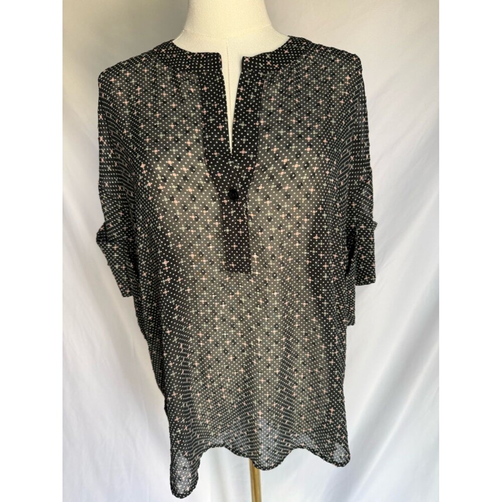 Cabi Style 239 Swiss Dot Sheer Popover Blouse Black/Pink Career Office Top M